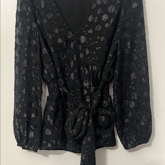 J. Crew Black and Silver Metallic Wrap Bishop Long Sleeve Top Small - Picture 8 of 9